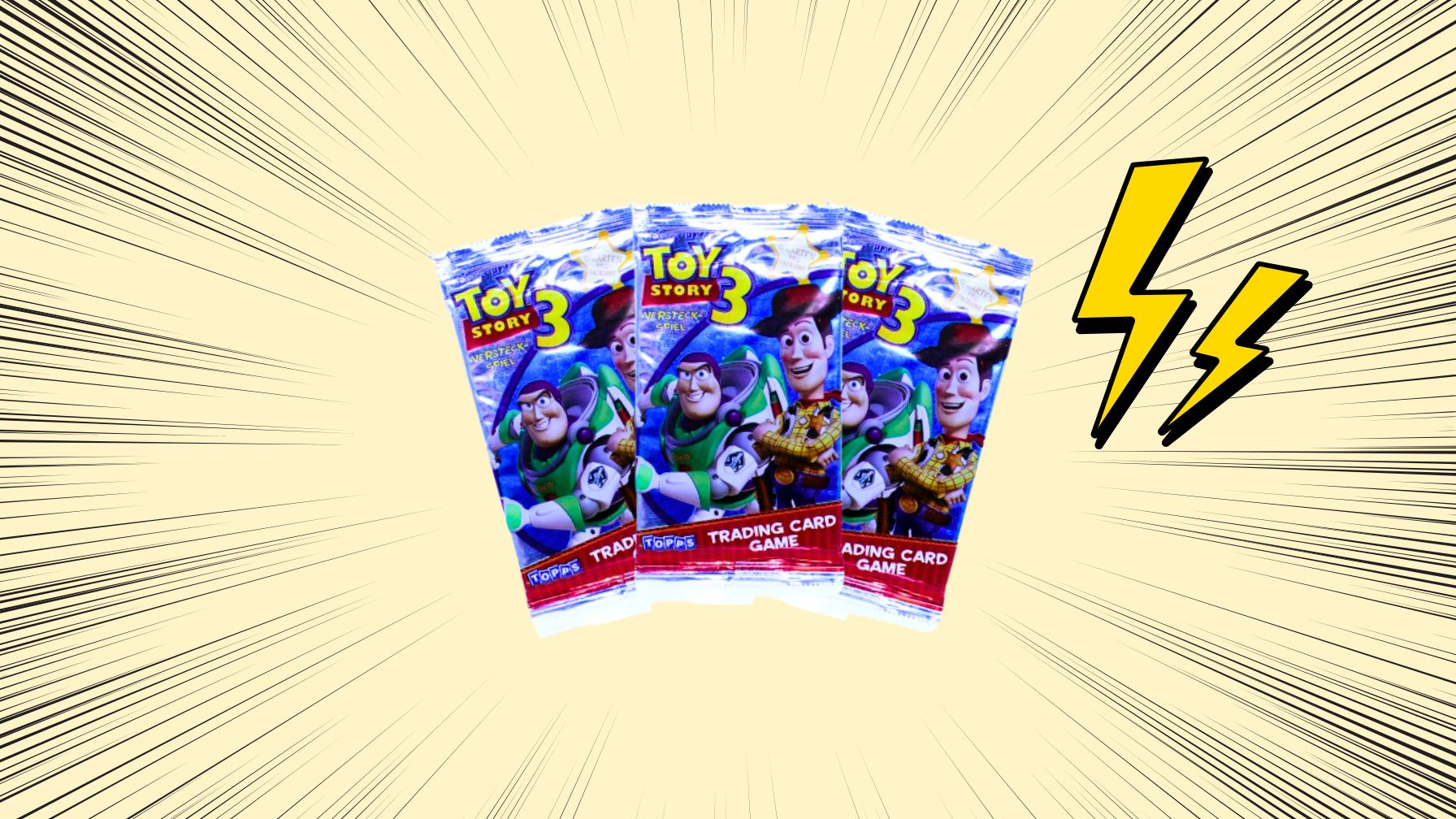 Mehrere Toy Story 3 Trading Card Boosterpacks von Topps, mit den Figuren Buzz Lightyear und Woody auf Comic-Hintergrund